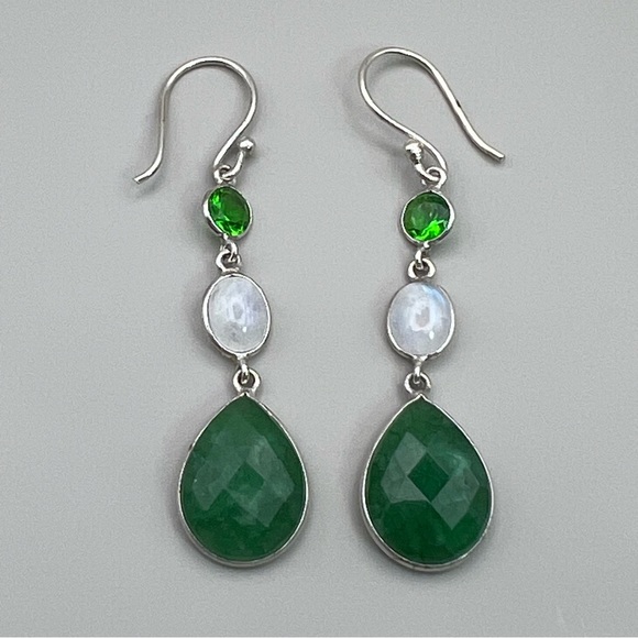 New Faceted Green Emerald and Moonstone Stone Silver Overlay Earrings - Picture 2 of 7